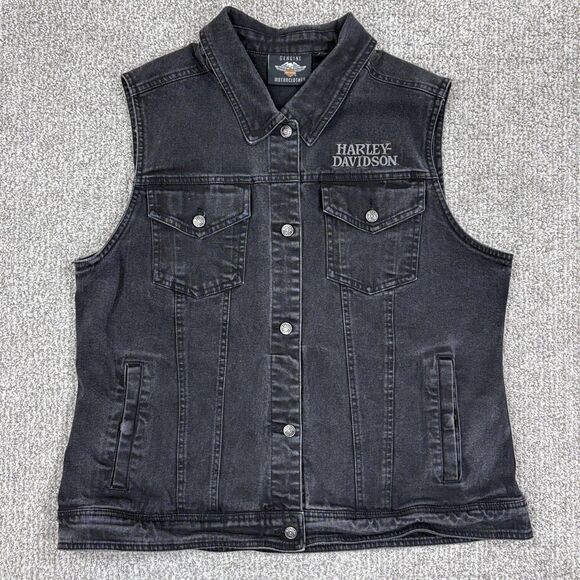 Harley-Davidson Jackets & Blazers - Harley Davidson Vest Womens XL Black Denim Skull Biker Sleeveless Motorcycle